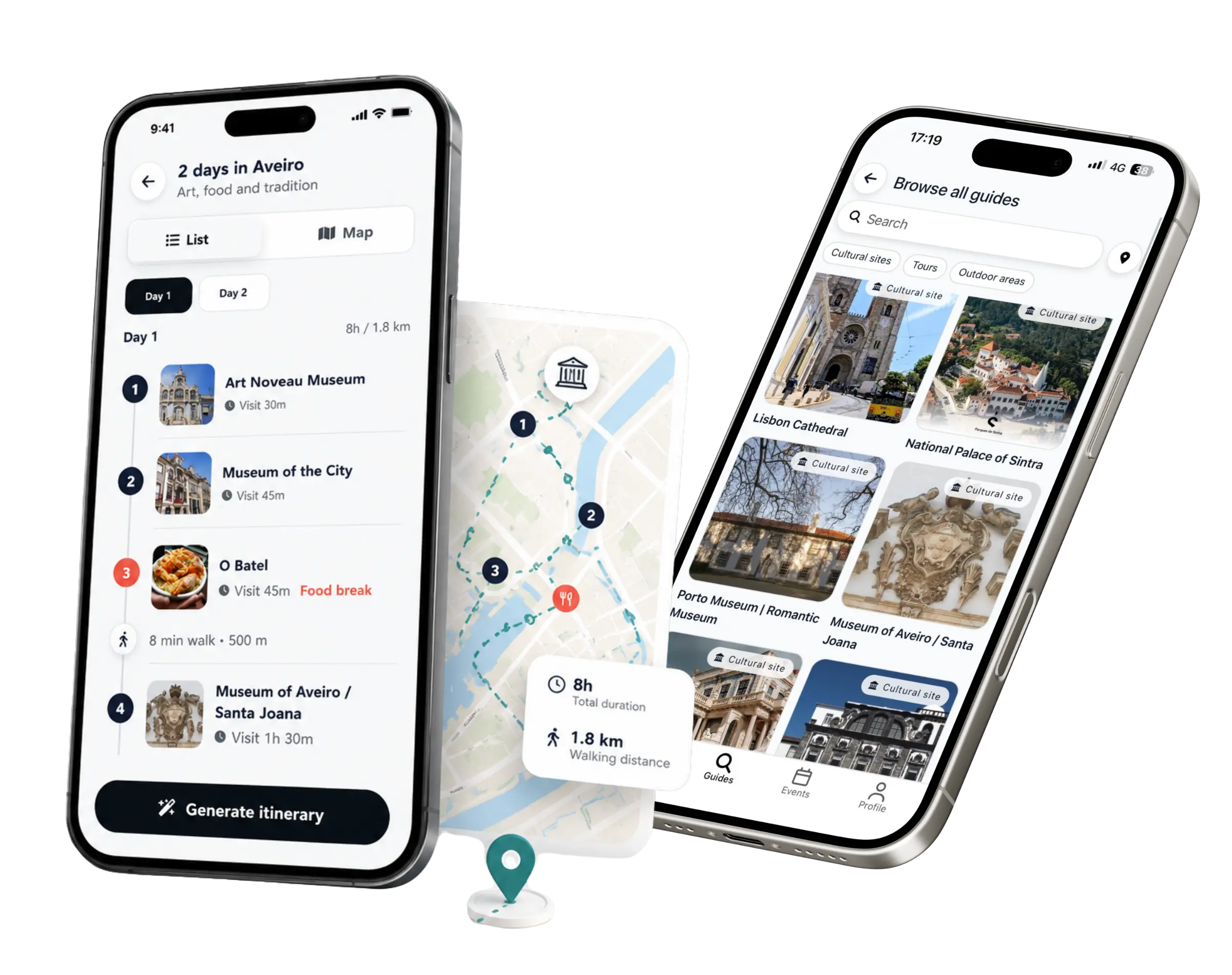 Destination discovery interface shown over a cultural visitor setting.